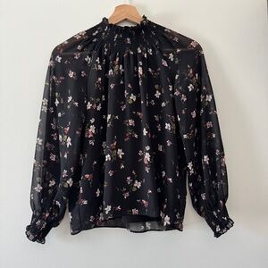 Madewell Black Floral Smocked Blouse